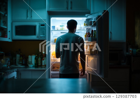 Man stands in front of open refrigerator, bright light illuminating his figure in a dark kitchen. Warm cozy environment in home, perfect for late night snacking. Man stands in front of open refrigerator, bright light illuminating his figure in a dark kitchen. Warm cozy environment in home, perfect for late night snacking. 129387703