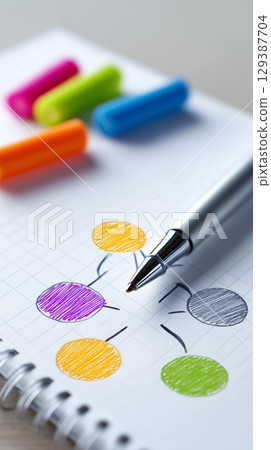 Brightly colored markers and pen positioned next to hand-drawn sketches on a grid notepad. Ideal setting for brainstorming sessions, creative workshops, and educational planning. 129387704