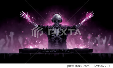 Skeleton DJ mixes tracks at lively party, hands raised to audience with vibrant purple lighting. Energetic environment creates thrilling vibe. Concept of nightlife, entertainment, music events. 129387705