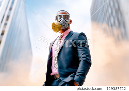 Businessman stands confidently in a suit and gas mask, symbolizing strength in challenging environments. Urban backdrop filled with smoke creates a dramatic atmosphere. 129387722