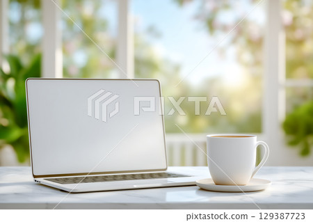 Laptop sits on kitchen counter next to coffee mug, warm morning sunlight streaming through window. Bright atmosphere creates inviting setting for home workspace. 129387723