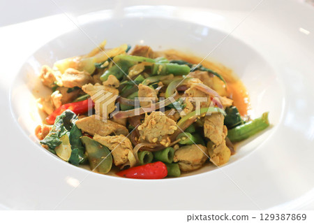 stir fried pork with vegetable or chili pork or stir fried pork with chili paste 129387869