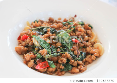 stir fried pork with sweet basil or stir fried ground pork or minced pork stir fried pork with sweet basil or stir fried ground pork or minced pork 129387870
