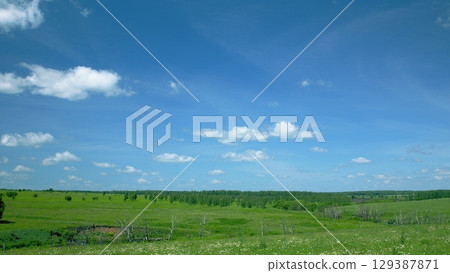 Expansive Green Landscape Spreading Out Under a Beautifully Clear Blue Sky Above 129387871