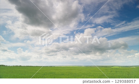 Expansive Green Fields Stretch Beneath a Stunning and Dynamic Atmospheric Sky Above Expansive Green Fields Stretch Beneath a Stunning and Dynamic Atmospheric Sky Above 129388057