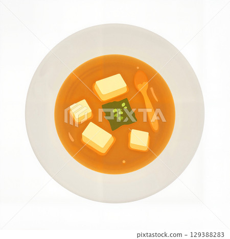 Bowl of miso soup with tofu and seaweed on white background, simplicity 129388283