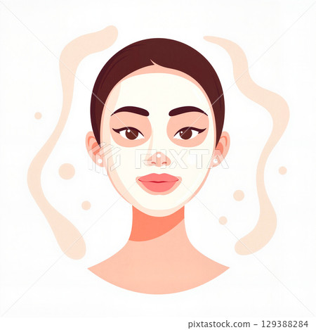 Relaxed woman with sheet mask applying skincare, soothing self-care 129388284