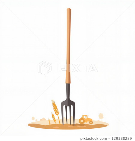 Farm pitchfork resting on soil with wheat, agricultural symbolism Farm pitchfork resting on soil with wheat, agricultural symbolism 129388289
