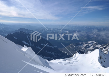 Tranquil Lake With Lush Green Forest, Snow-Capped Mountain, Blue Sky And White Clouds 129388329