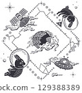Minimal Line Art Space Illustration with Dark Gray Astronaut Rabbits, Moon, Smoke Clouds, Satellites, UFOs, and Constellations on Transparent Background 129388389