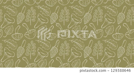 Seamless pattern of line art mushroom and autumn leaf on green background. Simple botanical forest design for seasonal decoration and textile. Seamless pattern of line art mushroom and autumn leaf on green background. Simple botanical forest design for seasonal decoration and textile. 129388646