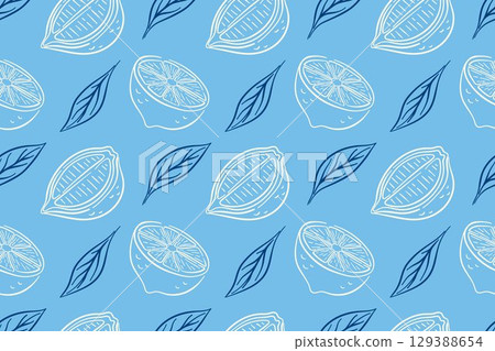 Seamless pattern with line art style lemon on blue background. Perfect for citrus package, textile design, kitchen decor and fresh fruit design. 129388654