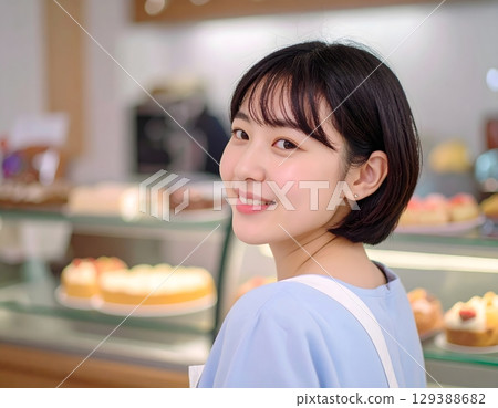 A cake shop clerk greets you with a sweet smile 129388682