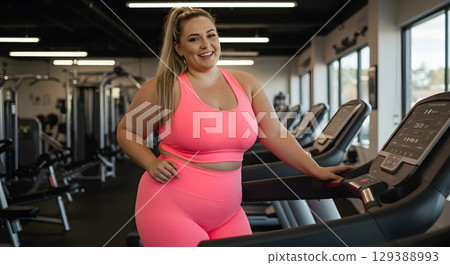 smiling woman on treadmill with pink gym's shirt 129388993