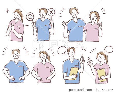 Care and welfare jobs (men and women wearing scrubs) 129389426