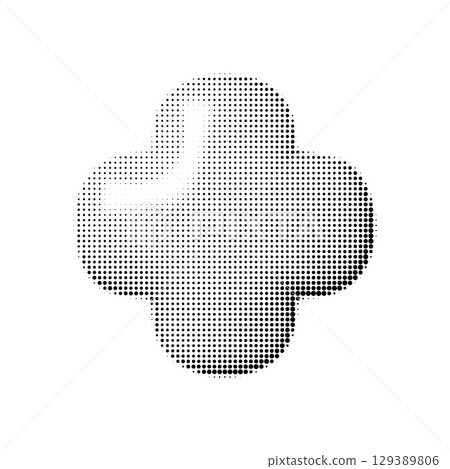 Glossy 3D abstract shape with smooth clover-like form and halftone shading. Vector black and white element isolated on transparent background for modern pop-art design. 129389806