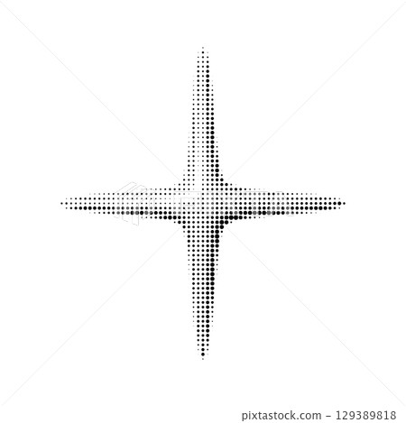 Vector 3D star spark in halftone style. Shiny glowing shape with volume and smooth edges. Isolated on transparent background. Pop-art retro look with dot texture. 129389818