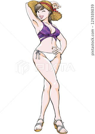 Young woman in swimsuit striking a sexy pose _ full body straw sandals 129389839