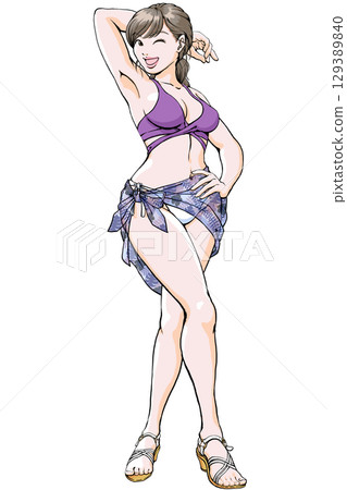 穿著泳衣的年輕女子決定性感姿勢_全身涼鞋披肩 129389840