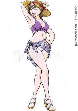 Young woman in swimsuit striking a sexy pose _ whole body straw sandals pareo Young woman in swimsuit striking a sexy pose _ whole body straw sandals pareo 129389842