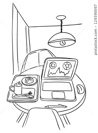 Laptop on a cafe table with coffee and pastry, hand drawn vector illustration 129390097