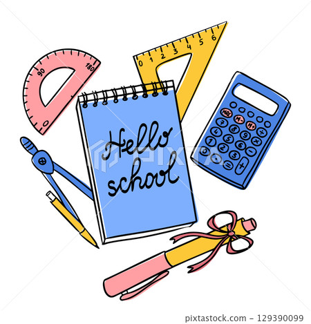 School supplies illustration with notebook, calculator, rulers and stationery, hand drawn vector image 129390099