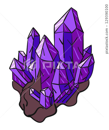 Amethyst crystal cluster illustration with sharp facets and rich purple color, hand drawn vector image 129390100