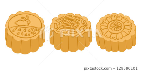 Set of traditional mooncakes with decorative patterns, hand drawn vector image 129390101