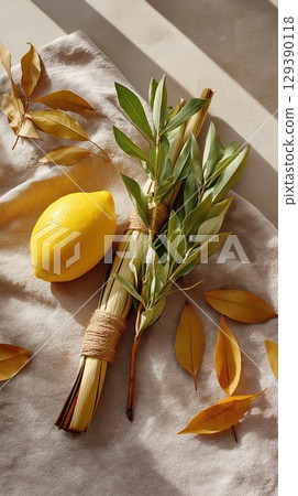 Top-down view of Sukkot elements including a yellow etrog fruit, lulav palm branches, and leaves on a light fabric. The image symbolizes Jewish tradition, harvest, and celebration 129390118