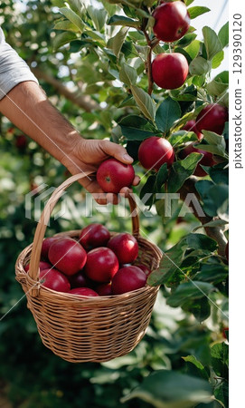 Person picking ripe red apples from a tree and placing them into a wicker basket. The image represents harvest, freshness, and healthy organic farming Person picking ripe red apples from a tree and placing them into a wicker basket. The image represents harvest, freshness, and healthy organic farming 129390120