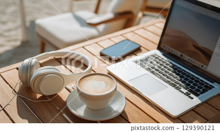LLaptop, headphones, smartphone, and a cup of cappuccino on a wooden cafe table in sunlight. The image conveys remote work, relaxation, and a modern digital lifestyle LLaptop, headphones, smartphone, and a cup of cappuccino on a wooden cafe table in sunlight. The image conveys remote work, relaxation, and a modern digital lifestyle 129390121
