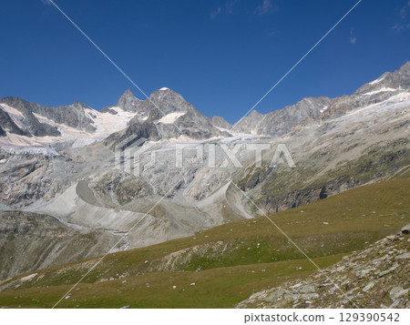Mettelhorn, Switzerland - August 24th 2024: View towards Obergabelhorn surrounded by rocks, glaciers and moraines 129390542