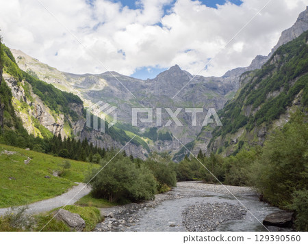 Fer-a-cheval, France - September 3rd 2024: View along the valley to the famous cirque and plain of Pelly 129390560