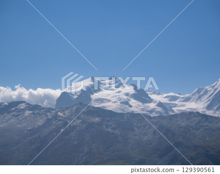 Mettelhorn, Switzerland - August 24th 2024: Impressive view from the summit towards Dufourspitze Mettelhorn, Switzerland - August 24th 2024: Impressive view from the summit towards Dufourspitze 129390561