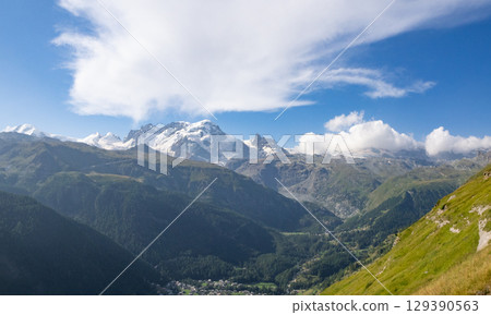 Zermatt, Switzerland - August 24th 2024: View towards Breithorn peak above 4000m Zermatt, Switzerland - August 24th 2024: View towards Breithorn peak above 4000m 129390563