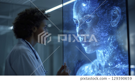A doctor on a large holographic screen is consulting with a patient in a futuristic clinic A doctor on a large holographic screen is consulting with a patient in a futuristic clinic 129390659