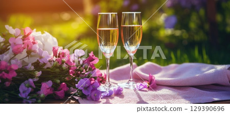 champagne picnic date in the park with pink purple flowers, ai 129390696
