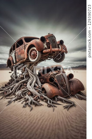 Surreal rusty cars fused with roots in desert landscape 129390723