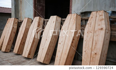 Row of simple wooden coffins outside rustic building 129390724