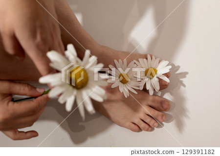 Daisy Flowers Held in Hand With Feet Positioned Below for Artistic Floral Display Daisy Flowers Held in Hand With Feet Positioned Below for Artistic Floral Display 129391182