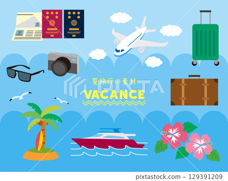 Vacation trunk, suitcase, passport, sunglasses, camera, airplane, palm tree, hibiscus 129391209