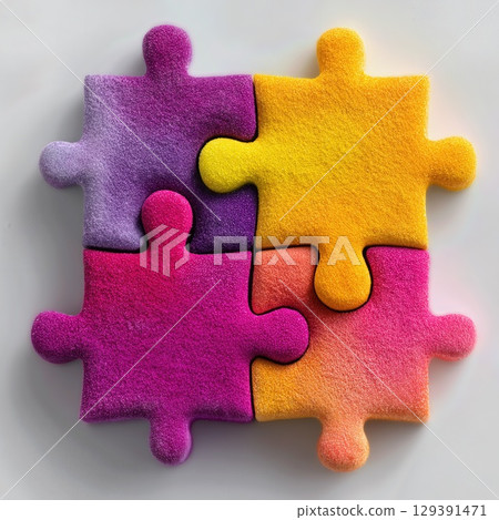 Colorful puzzle pieces arranged in a unique formation on a neutral background showcasing creativity in design Colorful puzzle pieces arranged in a unique formation on a neutral background showcasing creativity in design 129391471
