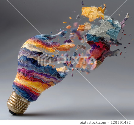 Colorful explosion from a light bulb showcases creative design and material texture in an artistic representation of energy 129391482