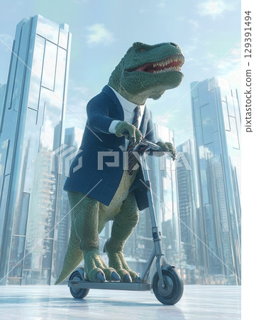 T-Rex in a business suit riding a scooter through a futuristic cityscape during daylight hours T-Rex in a business suit riding a scooter through a futuristic cityscape during daylight hours 129391494