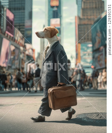 Dog in a business suit walking through a busy city street, showcasing a unique blend of humor and urban life in the heart of Times Square 129391531