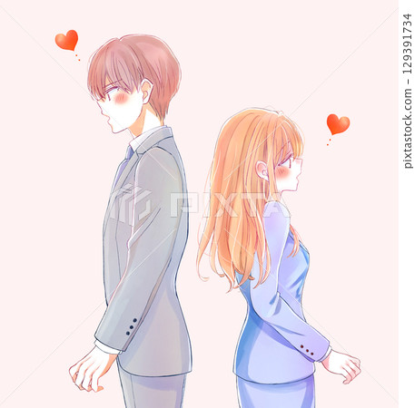 Back-to-back business people, men and women, love, distance Back-to-back business people, men and women, love, distance 129391734
