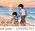 父母與孩子在沙灘上手牽手的插圖 129391751
