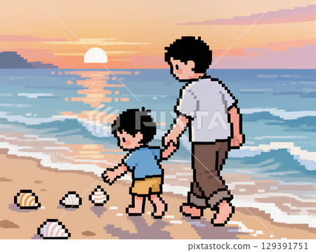 父母與孩子在沙灘上手牽手的插圖 父母與孩子在沙灘上手牽手的插圖 129391751