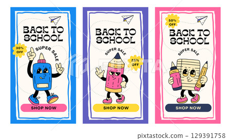 Back To School Sale Banner Discount Label Shop Ads Promotion Vector Set With Cute Glue Pencil Notebook Cartoon Characters 129391758