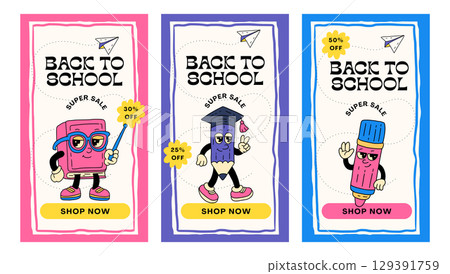 Back To School Sale Banner Discount Label Shop Ads Promotion Vector Set School Supplies Cartoon Mascot Characters 129391759